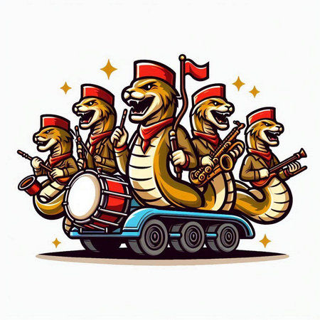 Illustration of a snake playing the drum on a racing car.のイラスト素材