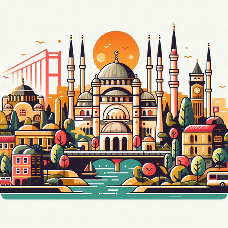 Cityscape of Istanbul, Turkey. Colorful vector illustration in flat styleのイラスト素材