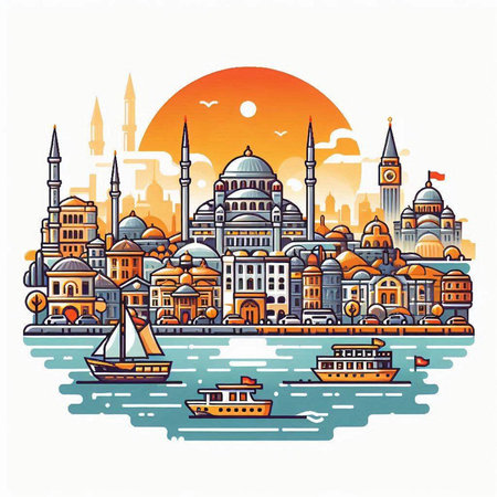 Cityscape of Istanbul, Turkey. Vector illustration in retro style.のイラスト素材