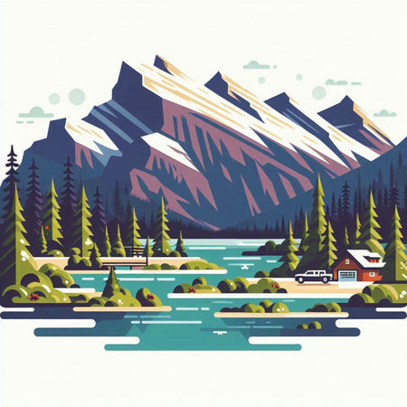 Landscape with mountains and river. Vector illustration in retro style.のイラスト素材