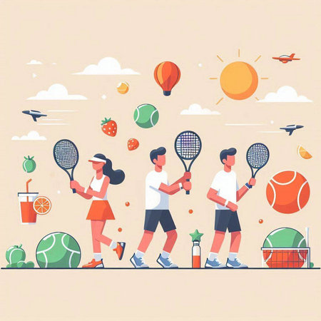 Tennis sport vector illustration. Flat style design with tennis player, racket, ball, tennis racket, watermelon, tennis racket and flying birds.のイラスト素材