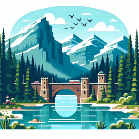 Landscape with a lake, mountains and a bridge. Vector illustrationのイラスト素材