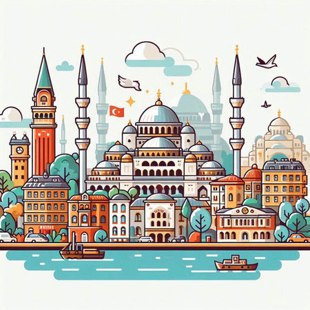 Cityscape of Istanbul, Turkey. Colorful vector hand drawn illustrationのイラスト素材