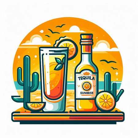 Tequila sunrise cocktail with cactus and lemon. Vector illustrationのイラスト素材