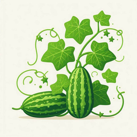 Cucumber with green leaves and tendrils. Vector illustration.のイラスト素材