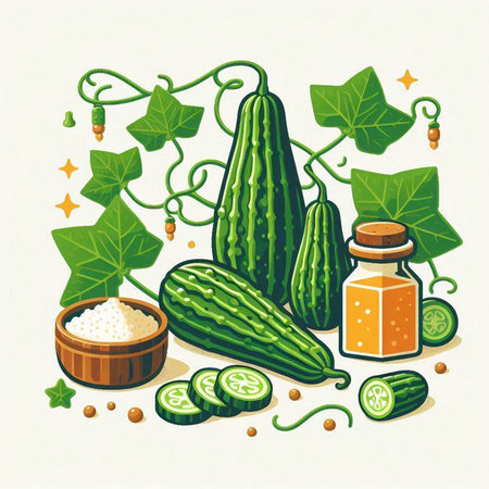 Cucumber and cucumber oil. Vector illustration of cucumber oil.のイラスト素材
