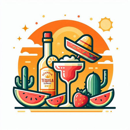 Mexican food vector illustration in flat line style. Sombrero, tequila, watermelon, sombrero, tequila, cactus, lemonade, ice cream.のイラスト素材