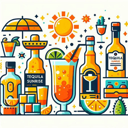 Vector illustration of a set of alcoholic beverages and cocktails in flat style.のイラスト素材