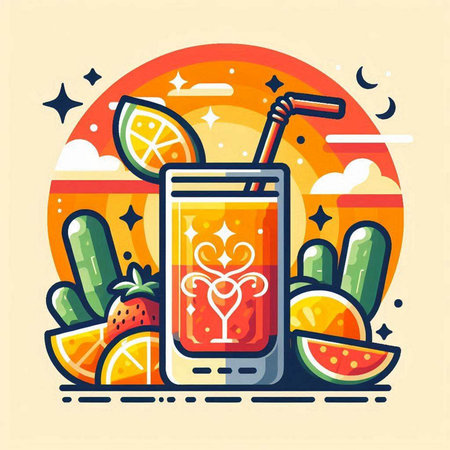 Colorful illustration of smoothie in a glass with ingredients. Vector illustration.のイラスト素材