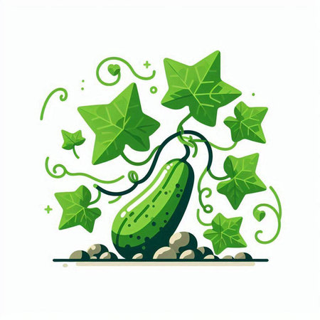 Cucumber with leaves and stars on a white background. Vector illustration.のイラスト素材