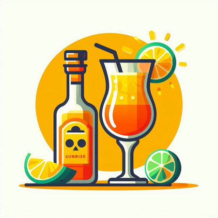 Tequila sunrise cocktail with tequila bottle and lime slices. Vector illustrationのイラスト素材