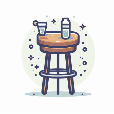 Vector illustration of a bar stool with a glass of water and a bottle.のイラスト素材