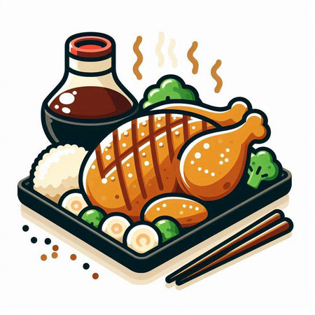 Illustration of a grilled chicken with soy sauce and chopsticks.のイラスト素材