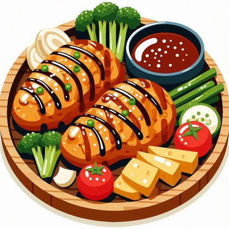 Illustration of a Grilled Salmon with Vegetables and Slicesのイラスト素材