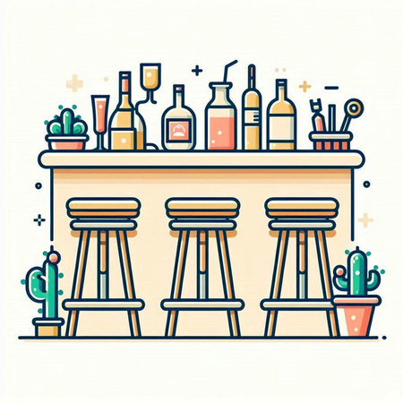 Bar counter with bar stools. Vector illustration in line style.のイラスト素材