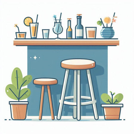 Bar counter with bar chairs, drinks and plants. Flat style vector illustration.のイラスト素材