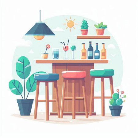 Cafe interior with bar counter, chairs and plants. Flat vector illustration.のイラスト素材