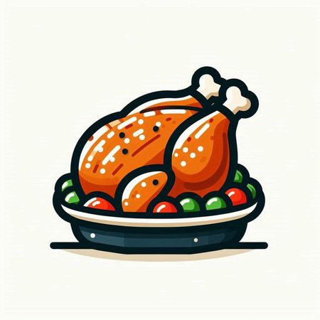 Baked chicken on a plate with vegetables. Vector illustration in cartoon style.のイラスト素材