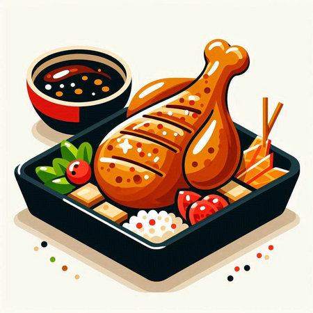Illustration of grilled chicken and soy sauce in a black bowl.のイラスト素材