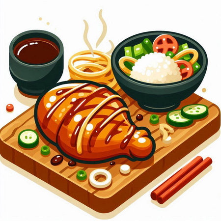 Illustration of a Chicken Steak Served with Rice and Sushiのイラスト素材