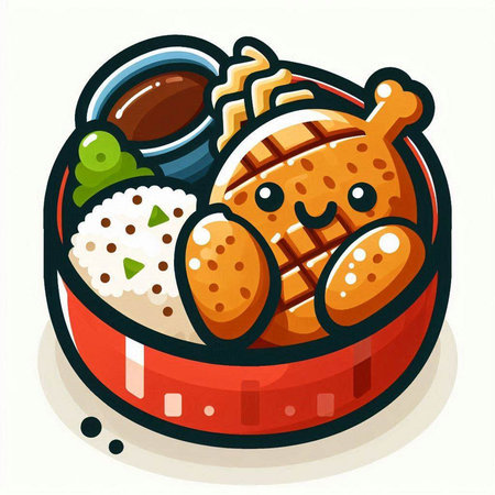 Kawaii fried chicken with rice in a bowl. Vector illustration.のイラスト素材