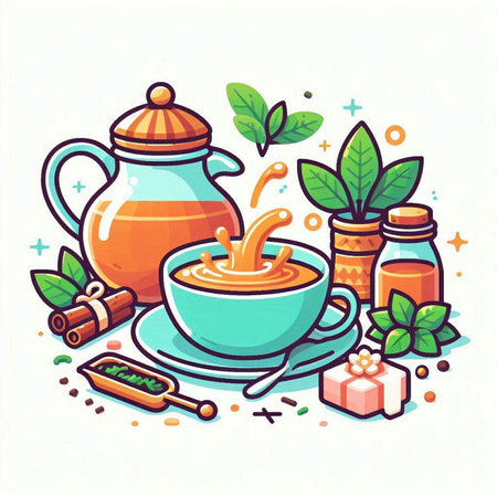 Vector illustration of herbal tea with teapot, honey, ginger and cinnamon.のイラスト素材
