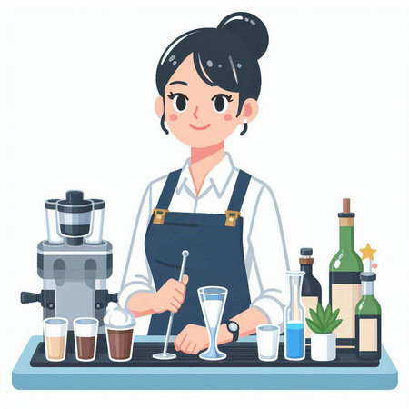 Female barista making a cocktail in the bar. Vector illustration.のイラスト素材
