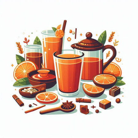 Mulled wine with cinnamon, anise and orange. Vector illustrationのイラスト素材