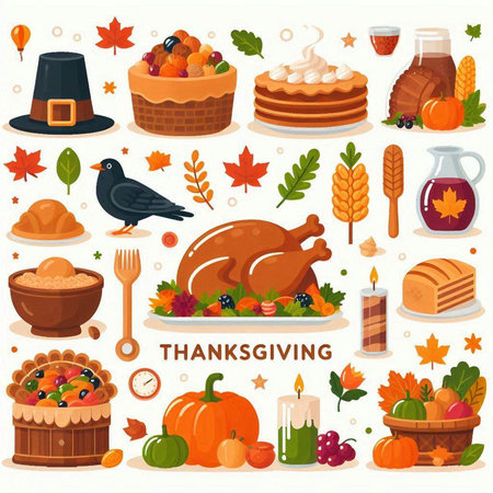 Thanksgiving day icons set with turkey, pumpkin pie, autumn leaves and other holiday symbols isolated vector illustrationのイラスト素材
