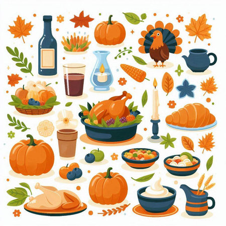 Thanksgiving day flat icons set with turkey, pumpkin, autumn leaves and other elements isolated vector illustrationのイラスト素材