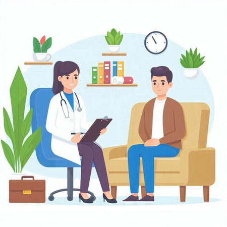 Doctor and patient sitting in armchair. Healthcare concept. Vector illustrationのイラスト素材