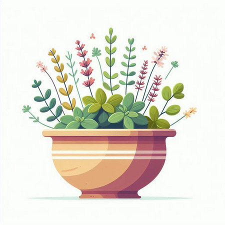 Flowerpot with wildflowers and herbs. Vector illustration.のイラスト素材