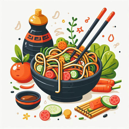 Asian noodles in bowl with chopsticks and vegetables. Vector illustration.のイラスト素材