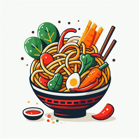 Bowl of noodle with vegetables and sauce. Vector illustration.のイラスト素材