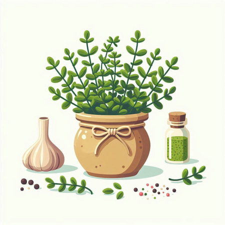 Illustration of a set of spices and herbs in a pot.のイラスト素材