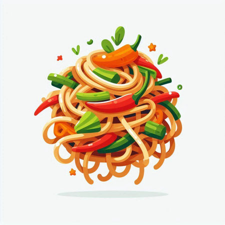 Spaghetti with chilli and vegetables. Vector illustration in cartoon style.のイラスト素材