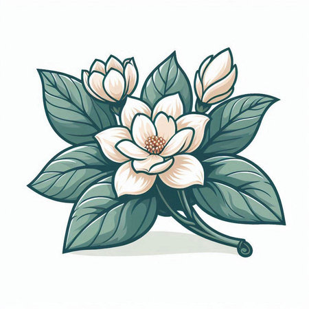 Magnolia flower with leaves isolated on white background. Vector illustration.のイラスト素材