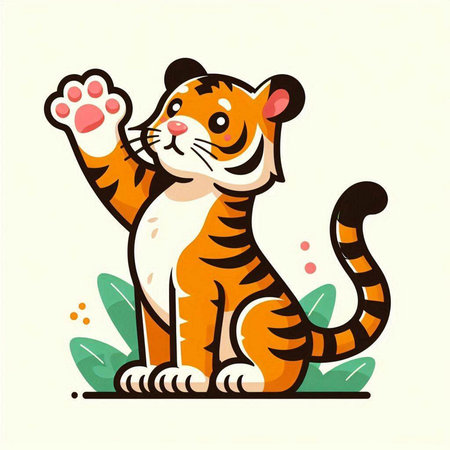 Cute tiger vector illustration. Cute cartoon tiger with raised paw.のイラスト素材