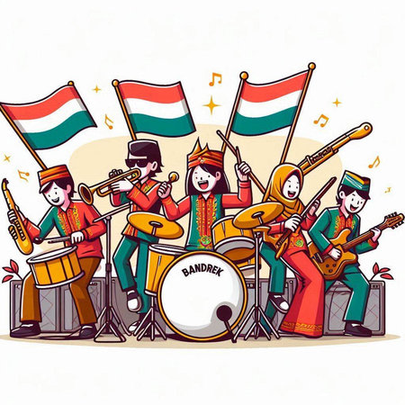 Cartoon indonesian musicians playing musical instruments. Vector illustration.のイラスト素材