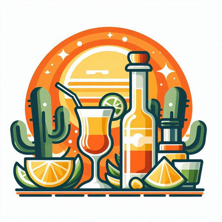 Cinco de Mayo vector illustration with tequila bottle, cactus and lime. Mexican culture.のイラスト素材