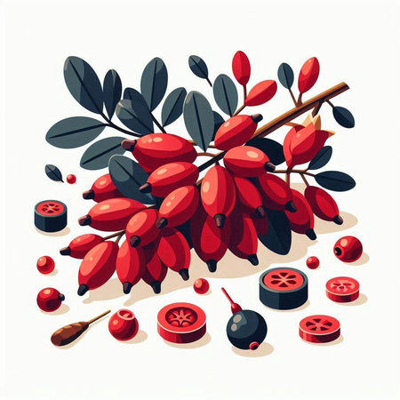 Berries of ripe barberry with leaves and berries. Vector illustration.のイラスト素材