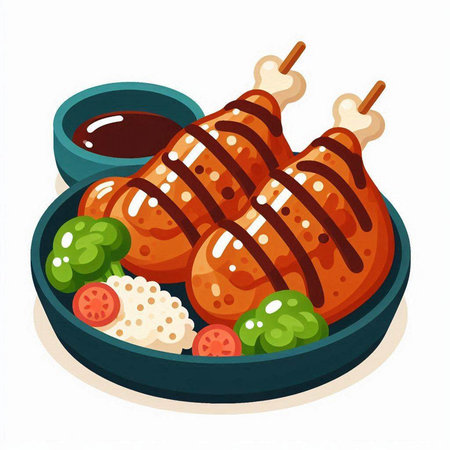 Illustration of grilled chicken with sauce on plate. Vector illustration.のイラスト素材