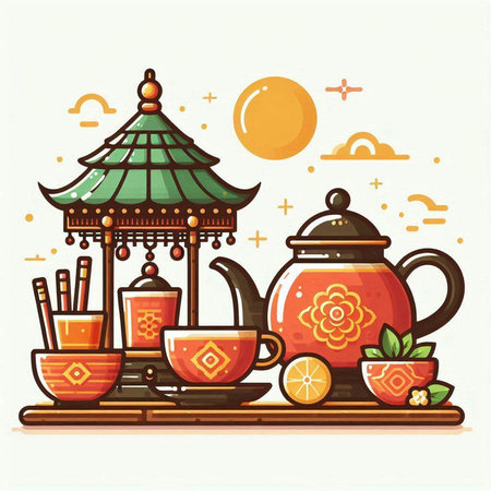 Chinese tea ceremony with teapot and cups. Vector illustration.のイラスト素材