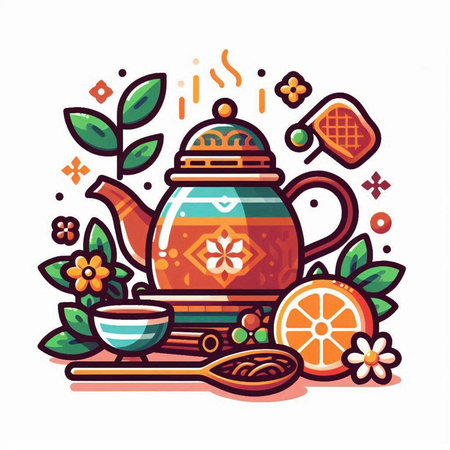 Tea ceremony. Teapot, cup, teacup, spoon, tea leaves. Vector illustration.のイラスト素材