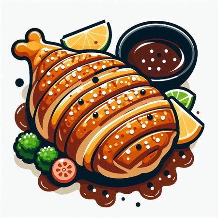 Illustration of roasted chicken with sauce and lemon on a white backgroundのイラスト素材