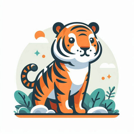 Cute tiger in the jungle. Colorful vector illustration in cartoon style.のイラスト素材