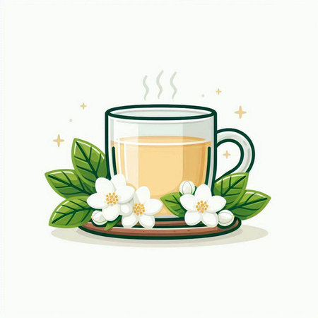 Cup of tea with jasmine flowers. Vector illustration.のイラスト素材