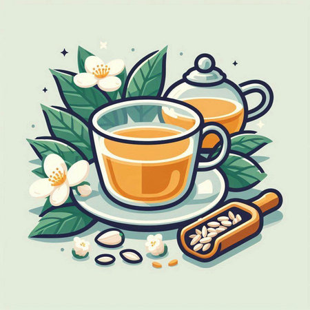 Cup of tea with jasmine and seeds. Vector illustration.のイラスト素材