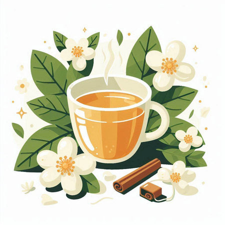 Cup of tea with cinnamon, leaves and flowers. Vector illustration.のイラスト素材