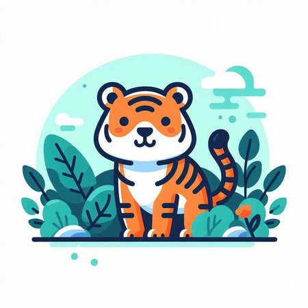 Cute tiger sitting on the grass. Vector illustration in flat styleのイラスト素材